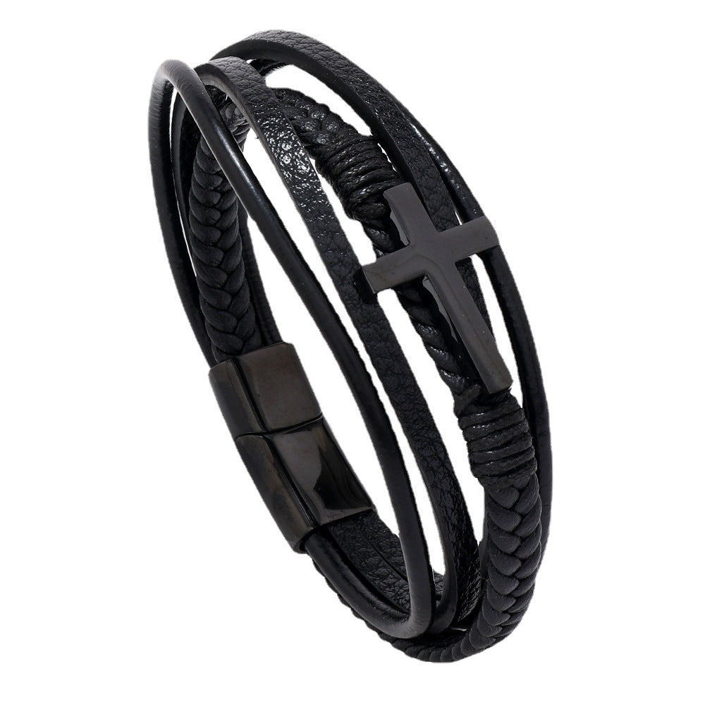 Men's Leather Woven Korean Style Glossy Magnetic Snap Cross Imitation Bracelets