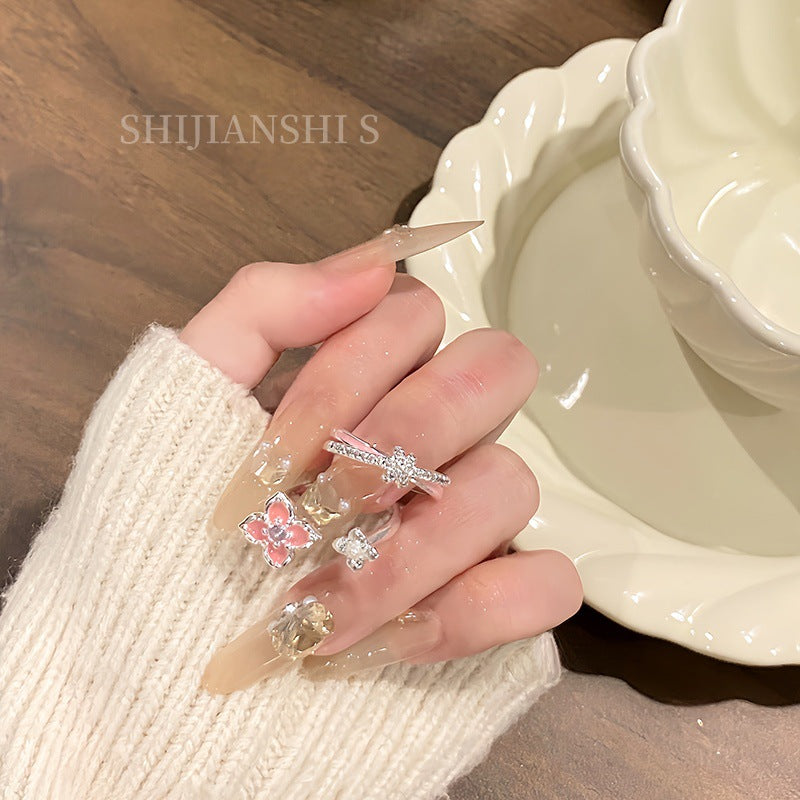 Women's Spring Sweet Pink Cherry Double Flower Niche Knot Design Sense Ring