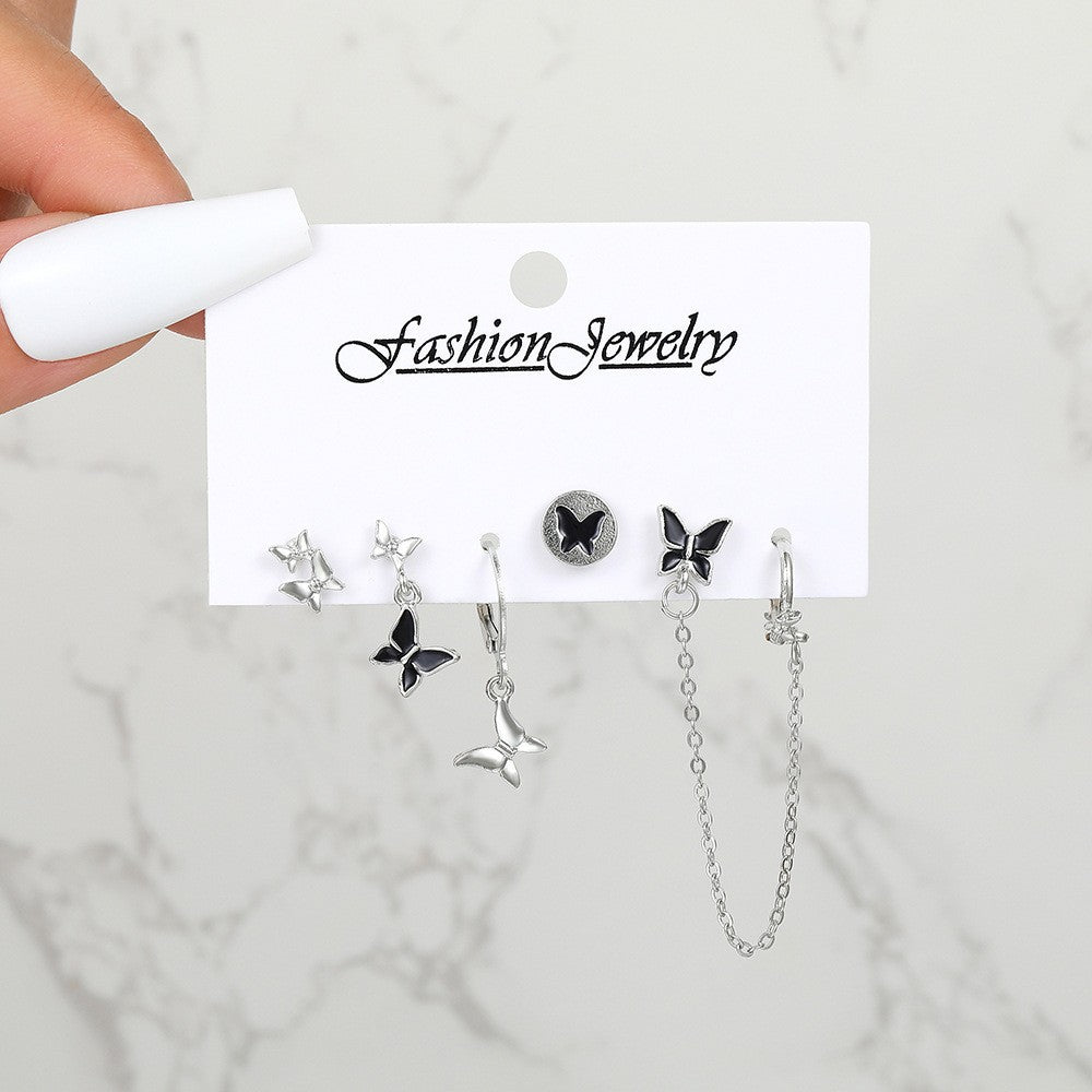 Cool Style Black Zircon Butterfly Pentagram Love Heart Three-piece Female Rings