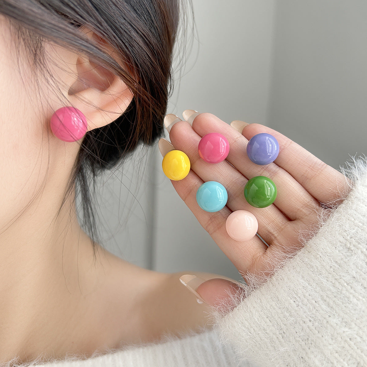 Sier Needle Dopamine Color Candy Ball Ear Female Fashionable Stud Earrings