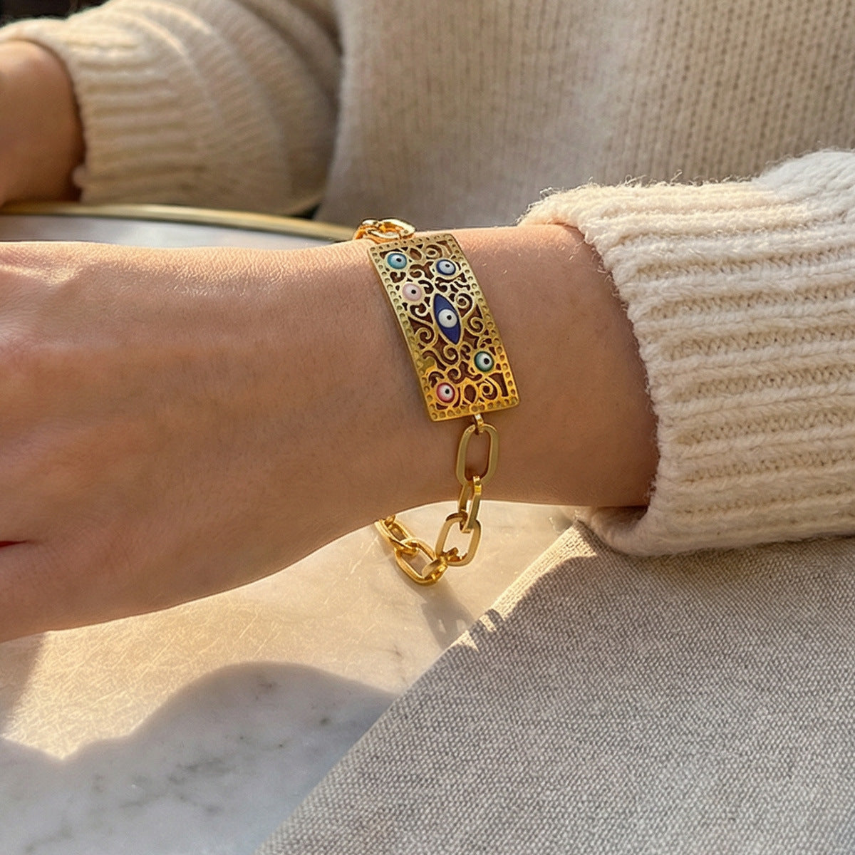 Source Golden Hollow Devil's Eye Square Retro Ethnic Style Bracelet