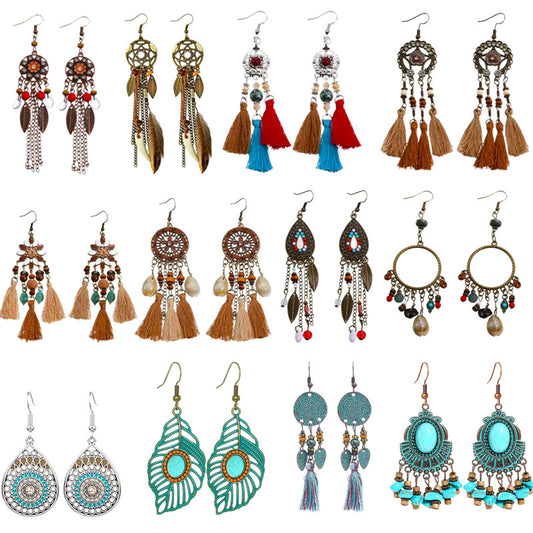 Vintage Bohemian Tassel Long Seaside Vacation Colorful Ear Earrings