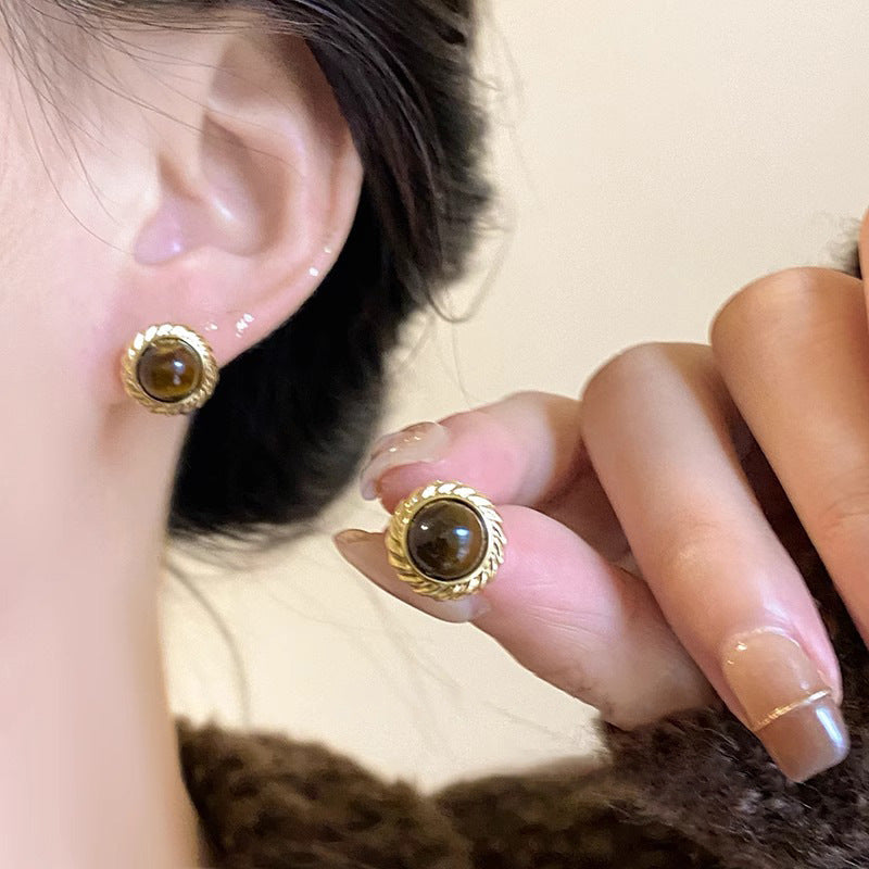 Women's Style Round Tigereye Atmosphere Retro Temperament Earrings