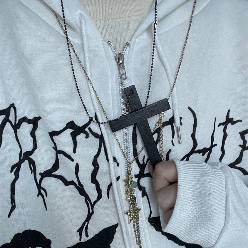 Retro Dark Culture Long Wooden Cross Halloween Sweater Chain Gothic Necklace