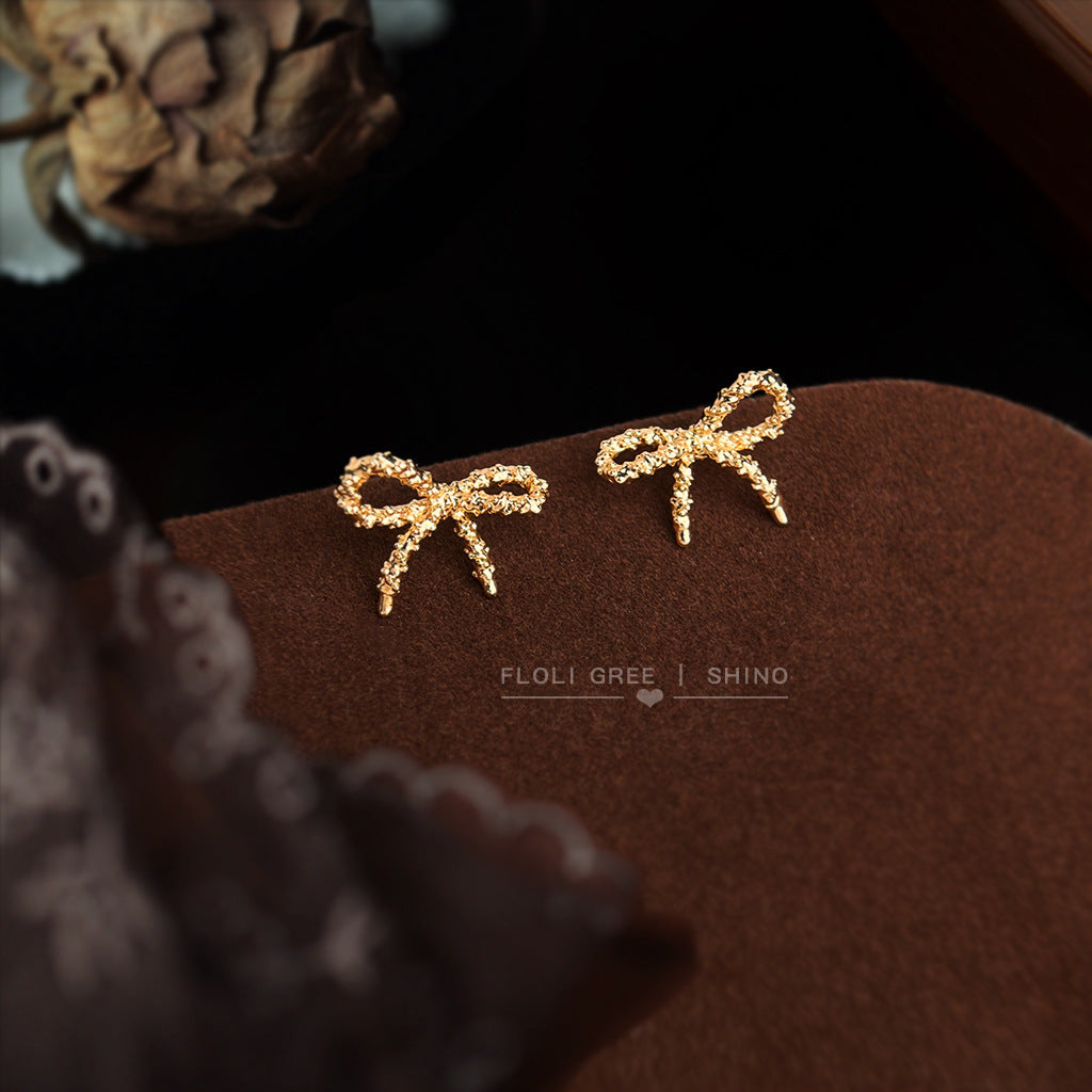 Fashion High Sense Simple Compact Sand Bow Sier Plated Pin Stud Earrings
