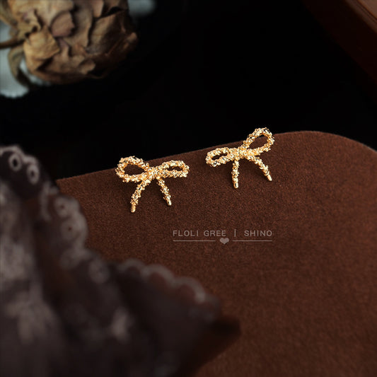 Fashion High Sense Simple Compact Sand Bow Sier Plated Pin Stud Earrings