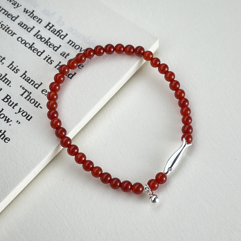 Sier Red Agate Small Fish Round Bracelets