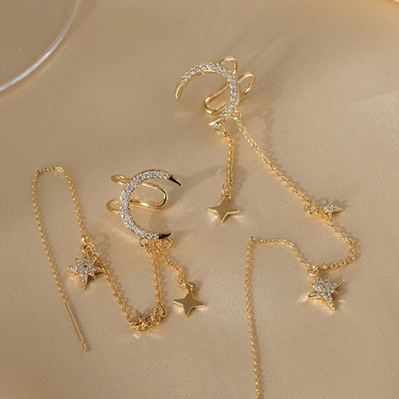 Diamond Fashion Star Moon Personality Tassel Ear Clip Stud Earrings