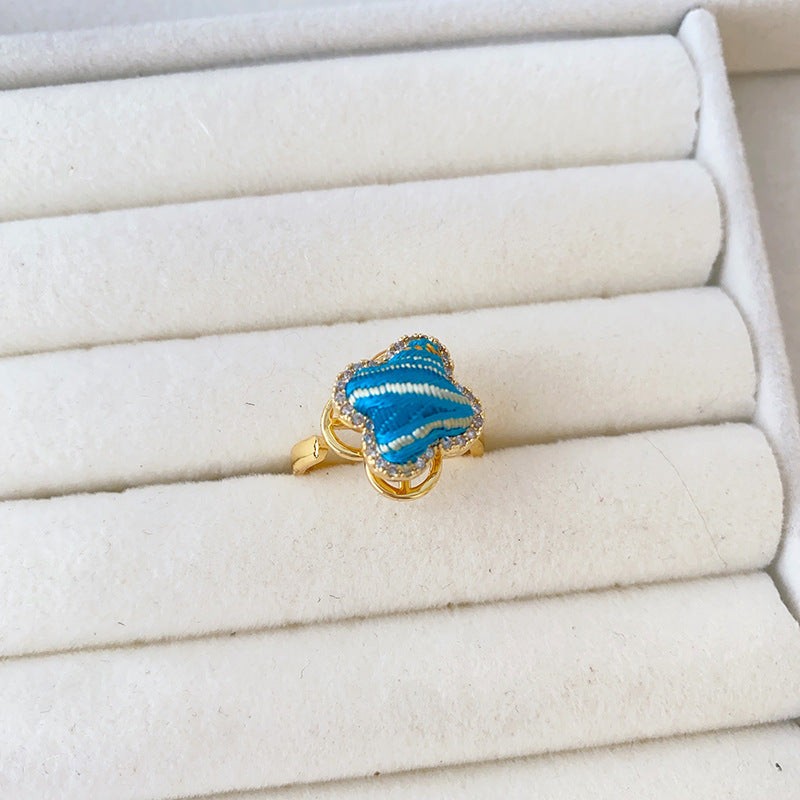 Style Song Dynasty Brocade Clover Rotatable Finished Delicate Rhinestone Copper Rings