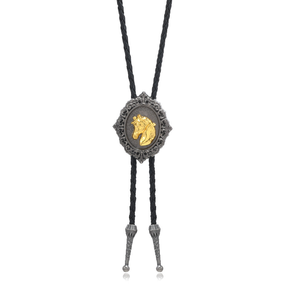 Men's Tie Leather String Horse Head Cow Alloy Long Sweater Chain Pendants