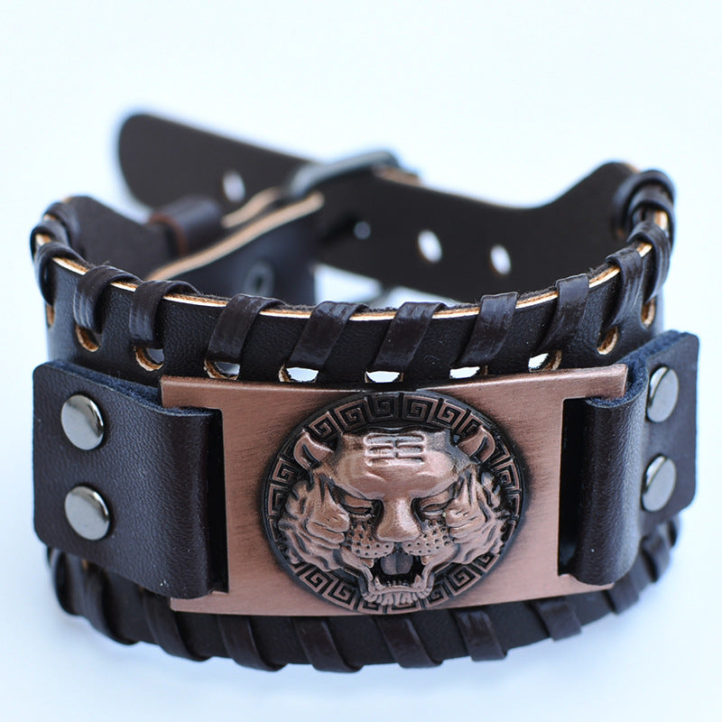 Men's Retro Viking Totem Leather Wolf Head Bear Claw Gossip Lucky Bracelet