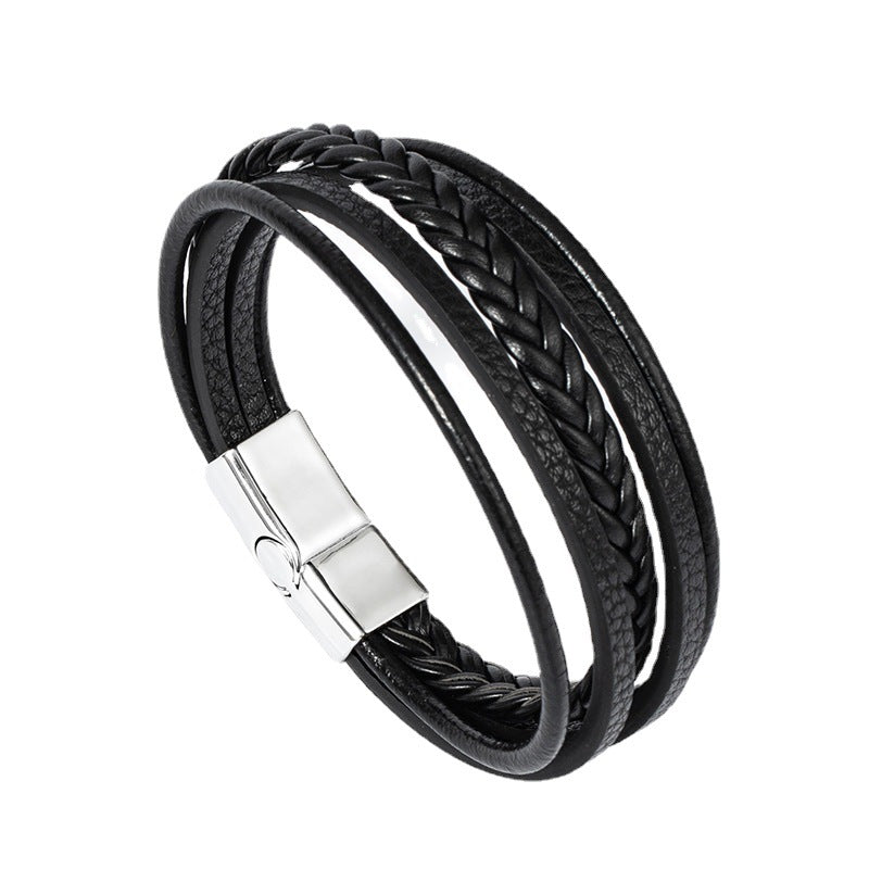 Men's Woven Alloy Magnetic Buckle Leather Rope Bracelets