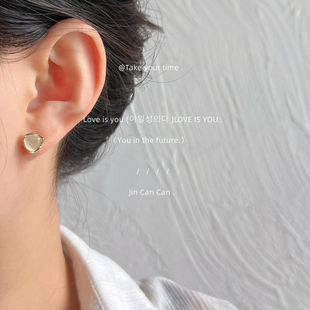 Sier-plated Geometric Triangle Glass Opal Stone Ear Small Stud Earrings
