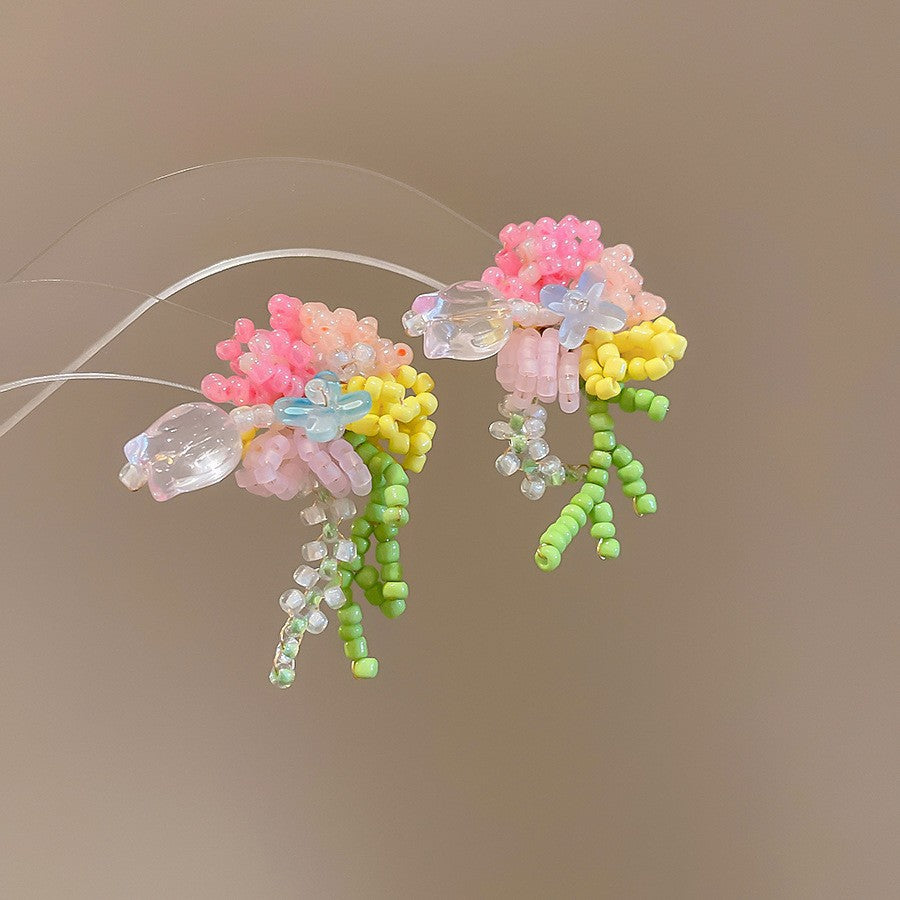 Dopamine Vacation Style Sier Needle Bead Flower Delicate Indie Earrings