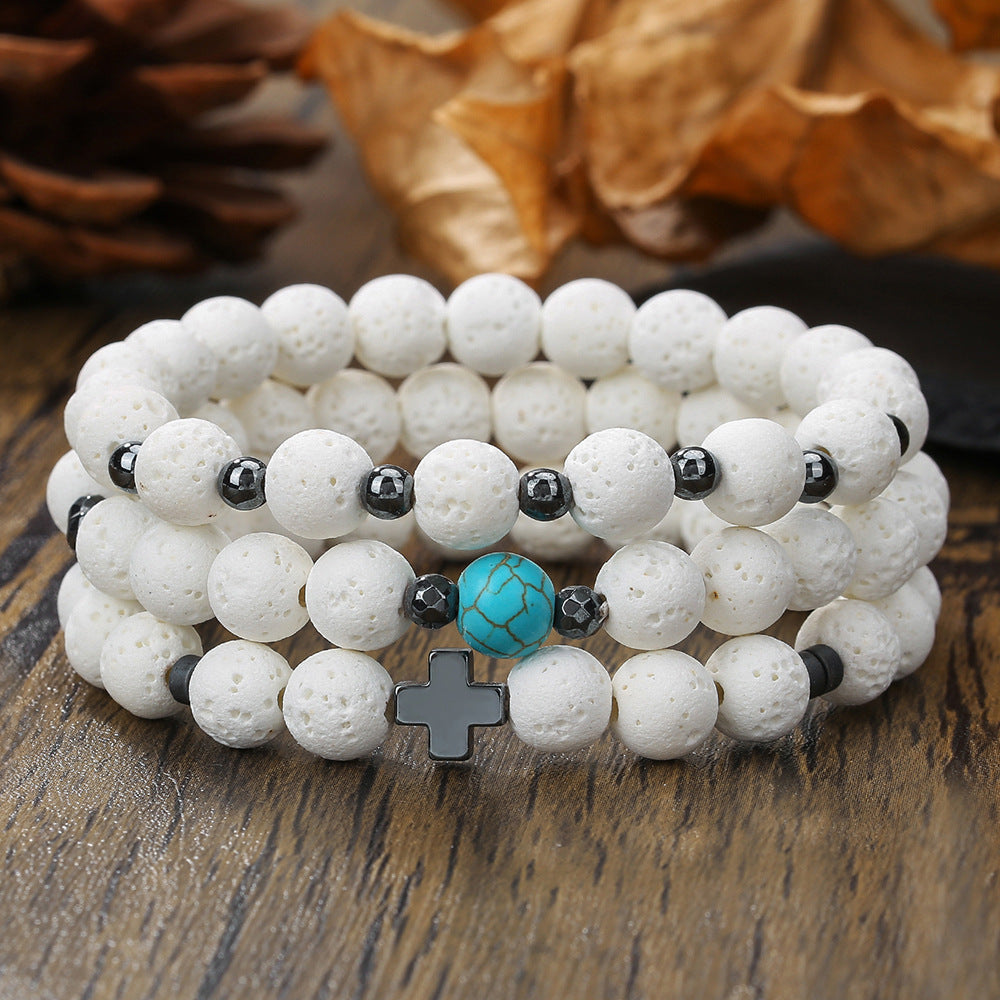 Men's Haematite Cross Beaded White Volcanic Stone Bracelets