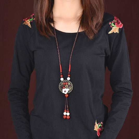 Women's Handmade Ethnic Sweater Chain Long Agate Decorations Clothes Necklace
