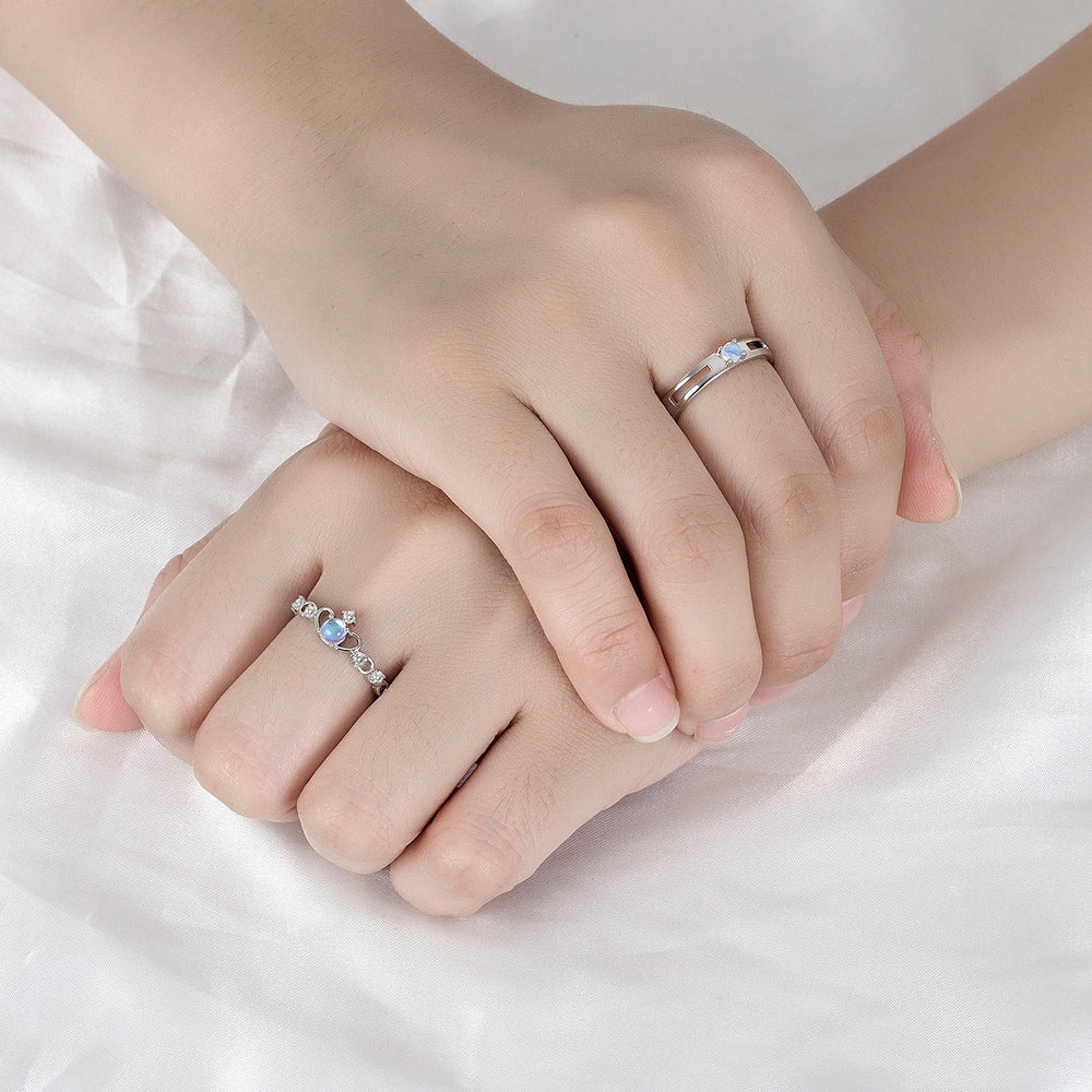 Women's & Men's Personality Open Moonlight Lovers Couple Moonstone Ring