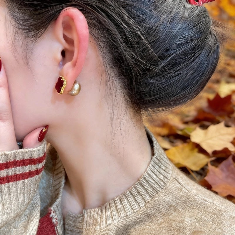 Women's Elegant Flocking Four-leaf Flower Red Design Earrings