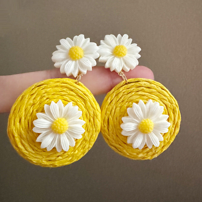 Little Daisy Flower Straw Geometric Island Seaside Earrings
