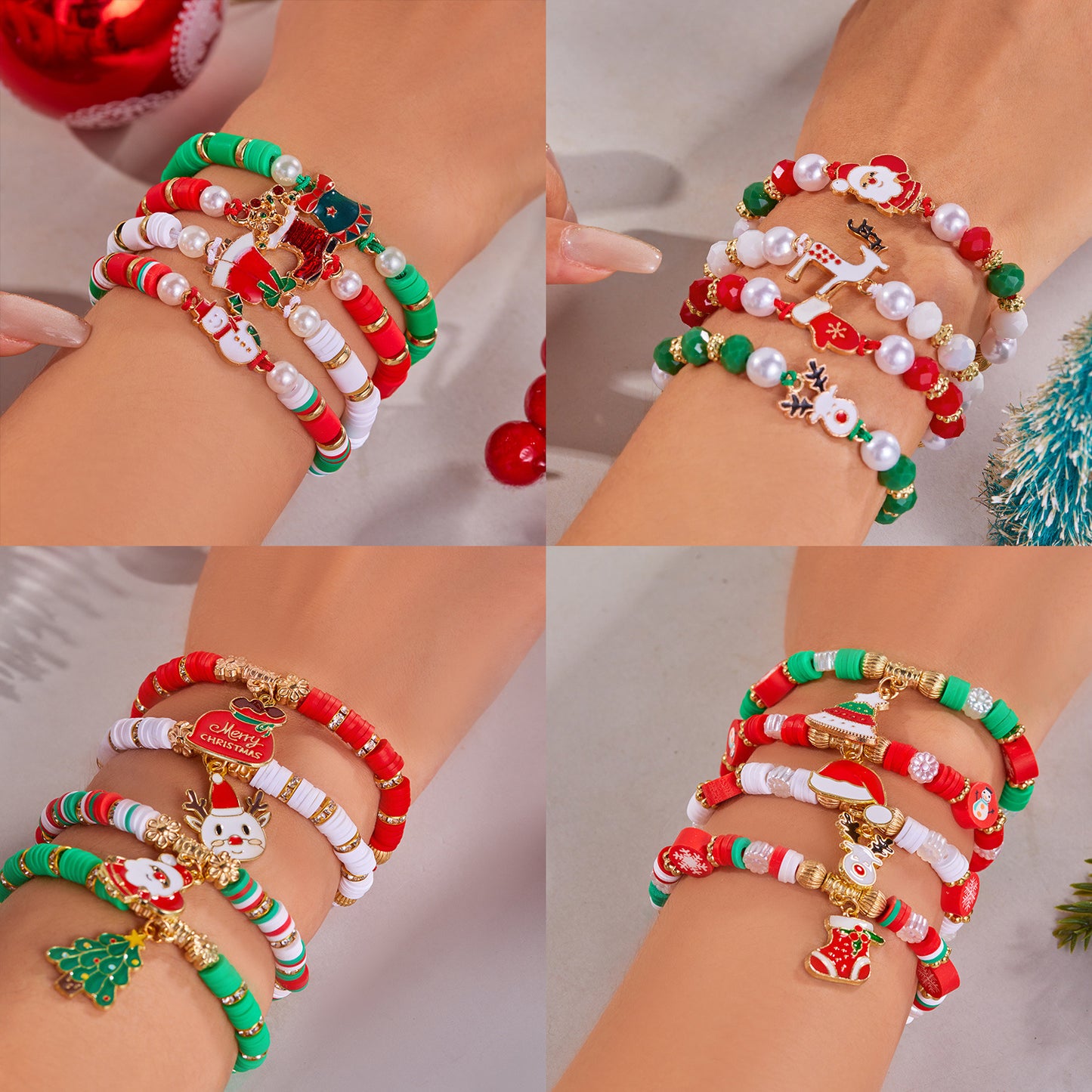 Woven Santa Claus Tree Polymer Clay Bracelets