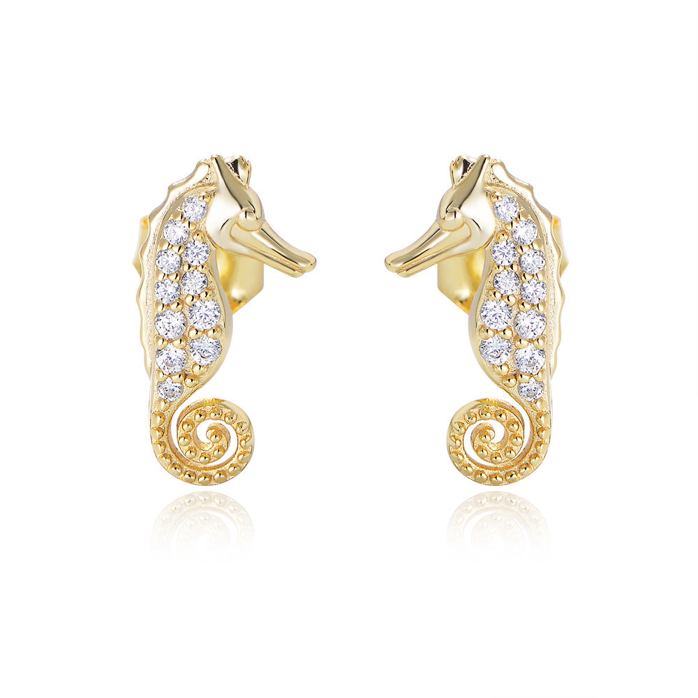 Sier Micro Inlaid Zircon Seahorse Small Animal Female Fashion Earrings