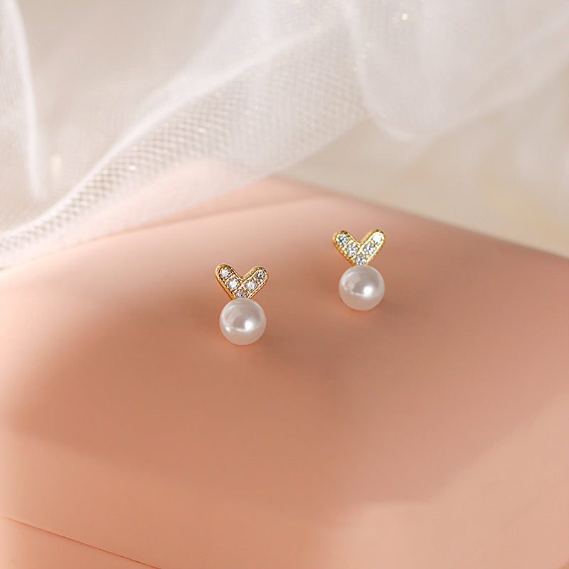 Cute With Diamonds Pearl Heart-shaped Female Graceful Fashionable Design Rabbit Ear Line