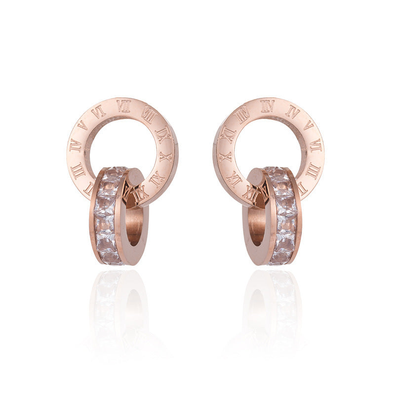 Diamond Creative Rose Gold Titanium Steel Female Double Earrings