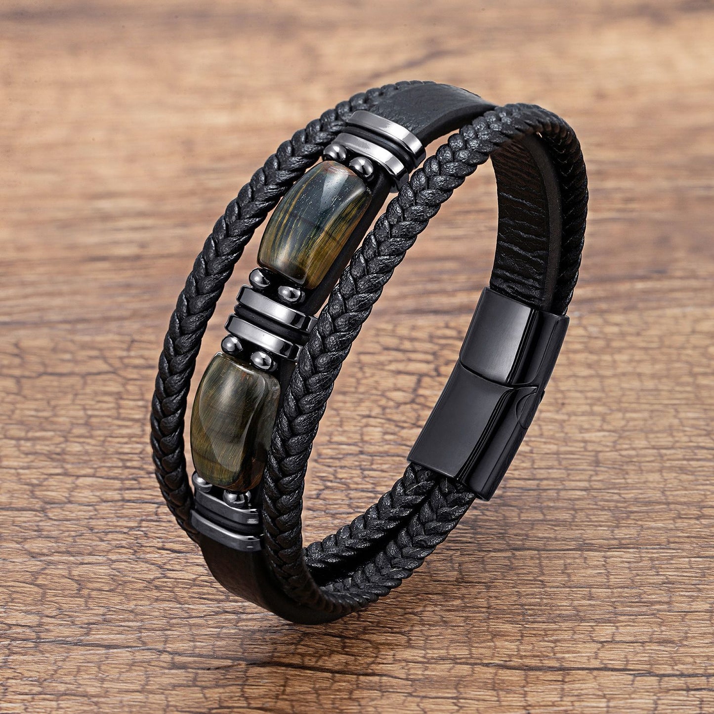 Men's Eye Leather Rope Stainless Steel Magnetic Buckle Bracelet