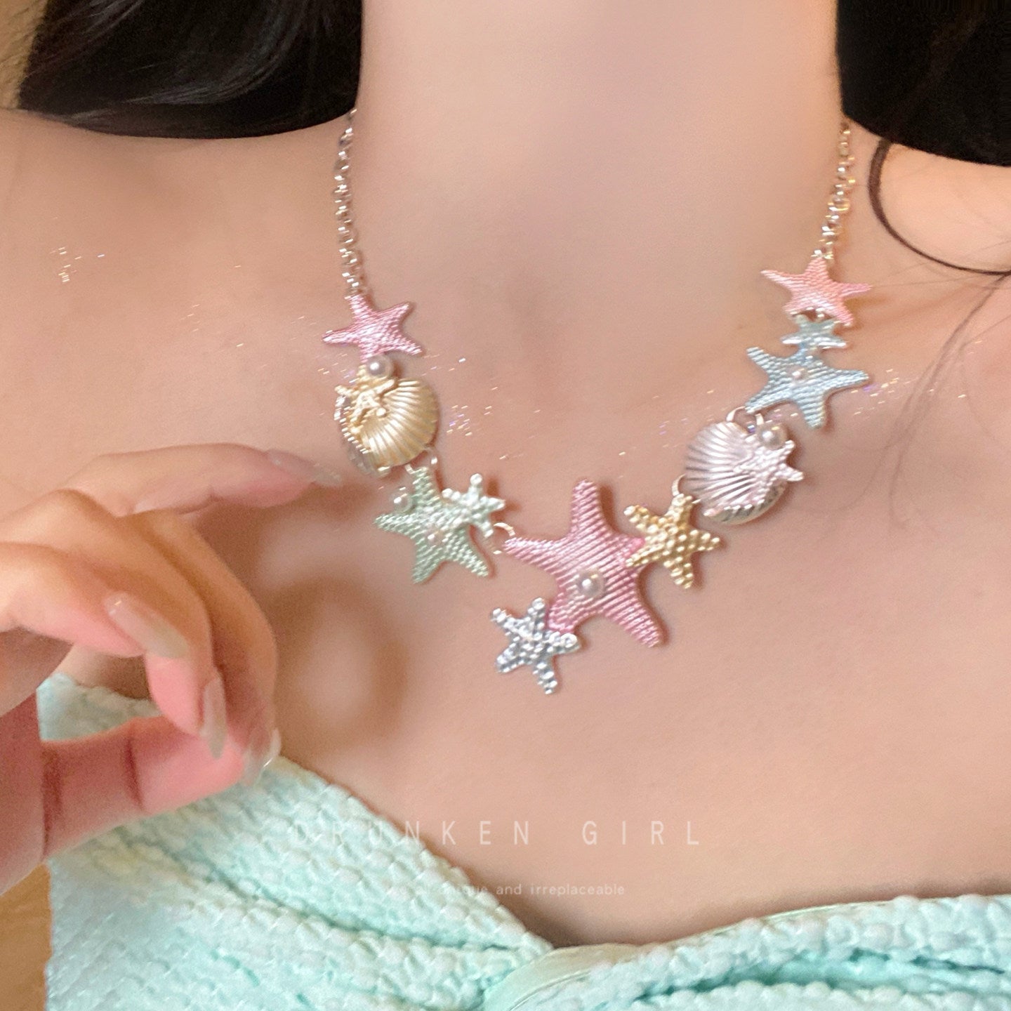Colorful Starfish Shell Female Seaside Vacation Clavicle Chain Earrings