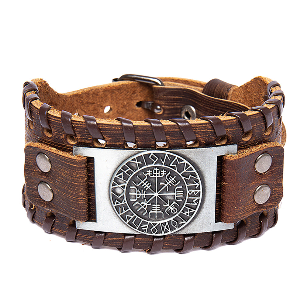 Men's Vintage Viking Compass Totem Width Leather Bracelet