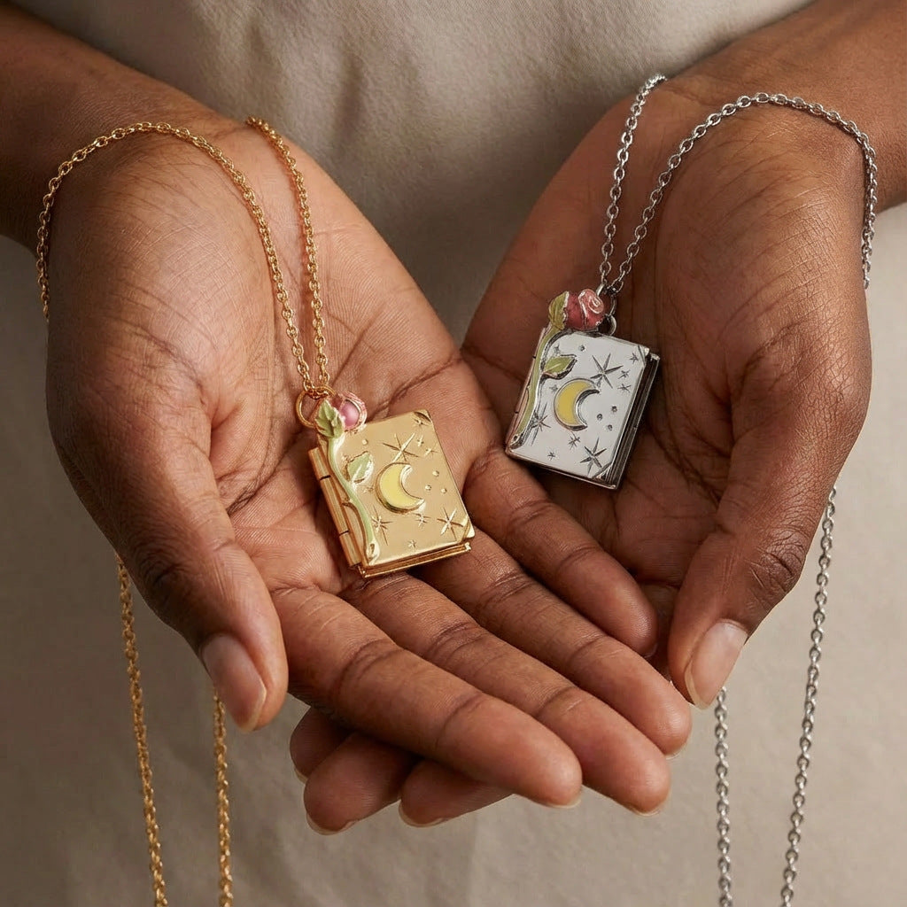 Gold Sier Star Moon Three-dimensional Rose Book Necklaces