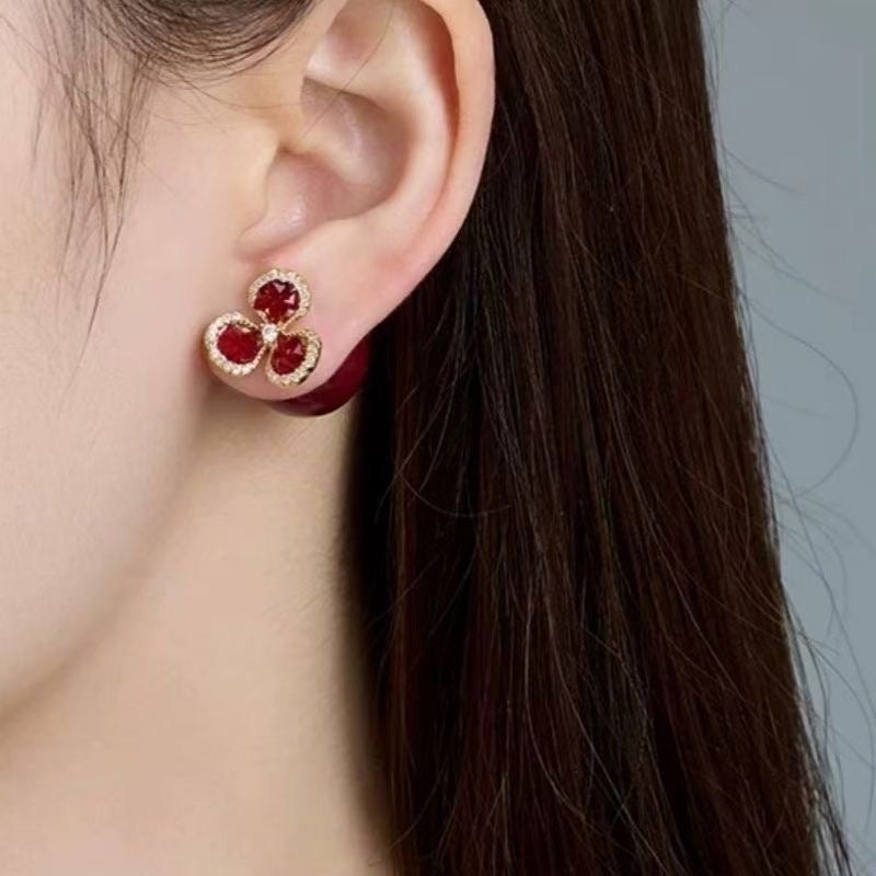 Red Flower Pearl Fashion Zircon Clover Earrings