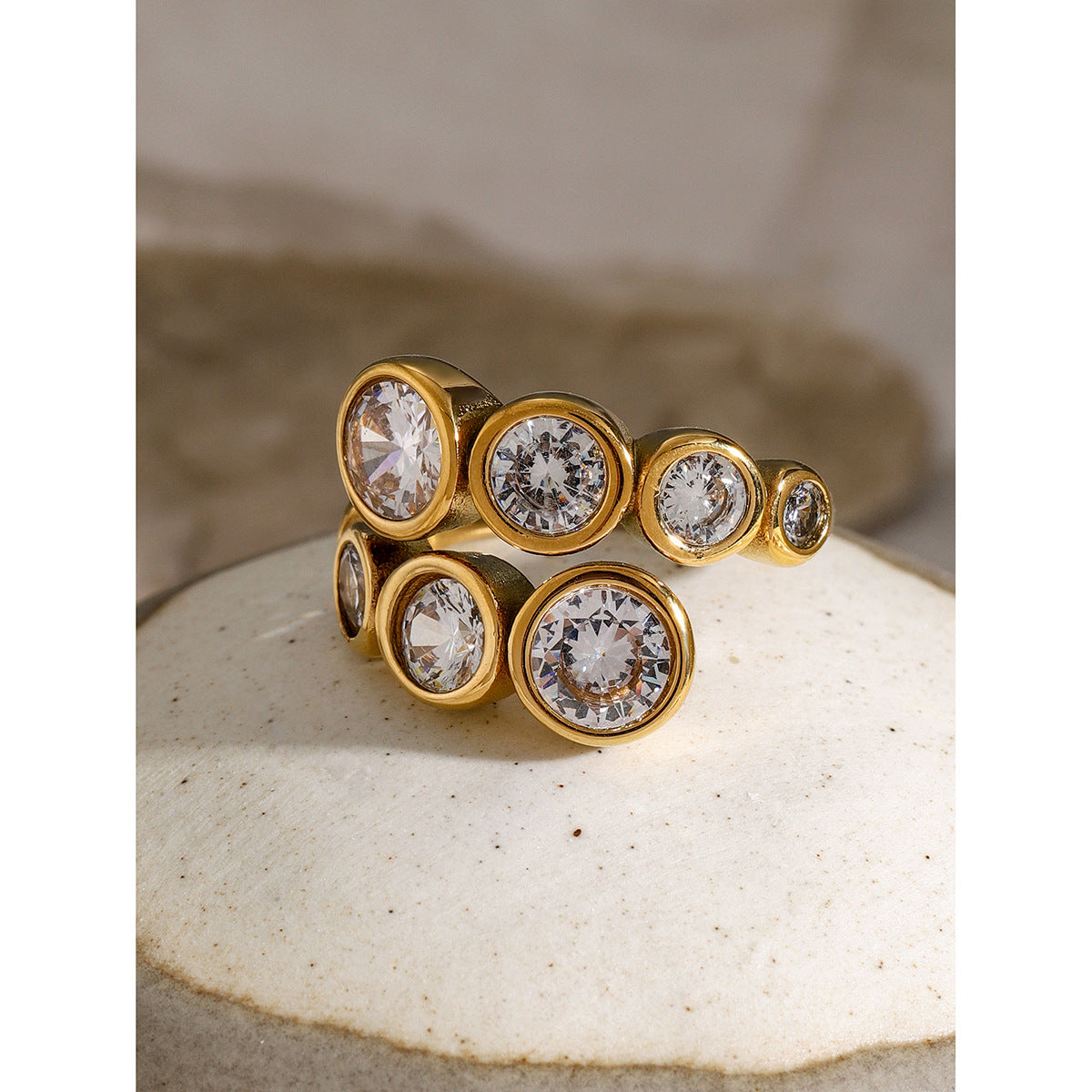 Popular Gold Stainless Round Open-end Zircon Rings