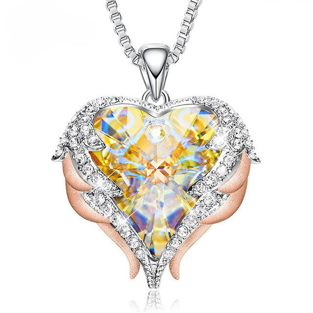 Ocean Heart Female Angel Wings Crystal Necklace