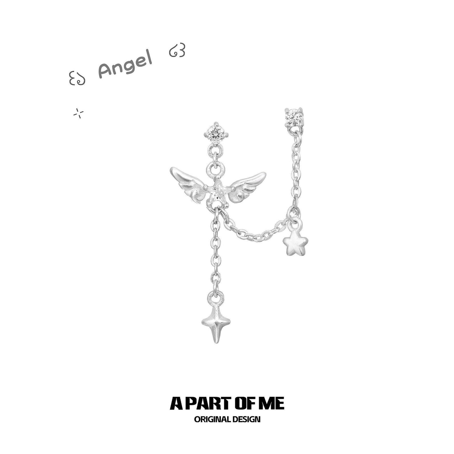 Double Ear Chain Pure White Angel Stud Earrings