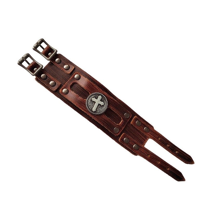 Men's Popular Punk Cattle Leather Cross Wide Bracelets