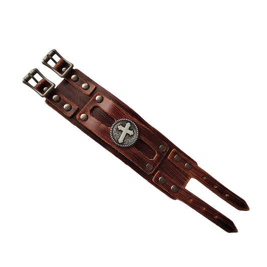 Men's Popular Punk Cattle Leather Cross Wide Bracelets