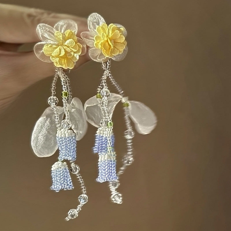 Dopamine Vacation Style Sier Needle Bead Flower Delicate Indie Earrings