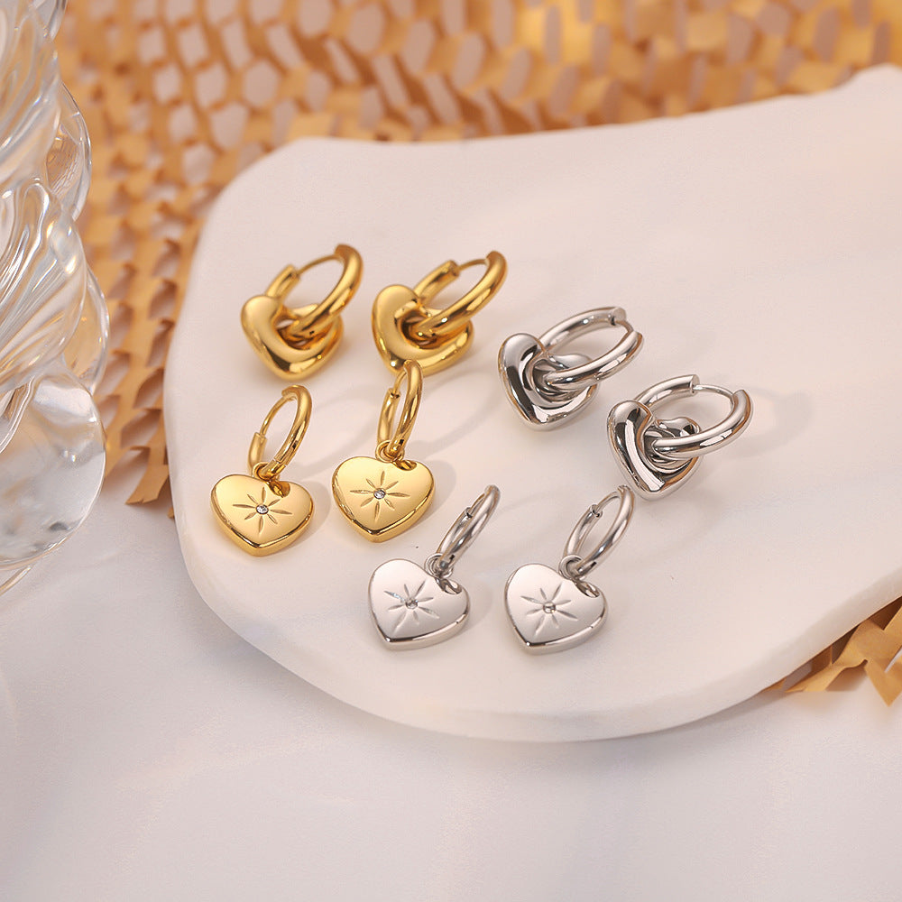 Stainless Steel Heart-shaped Gold Rhinestone Zircon Earrings