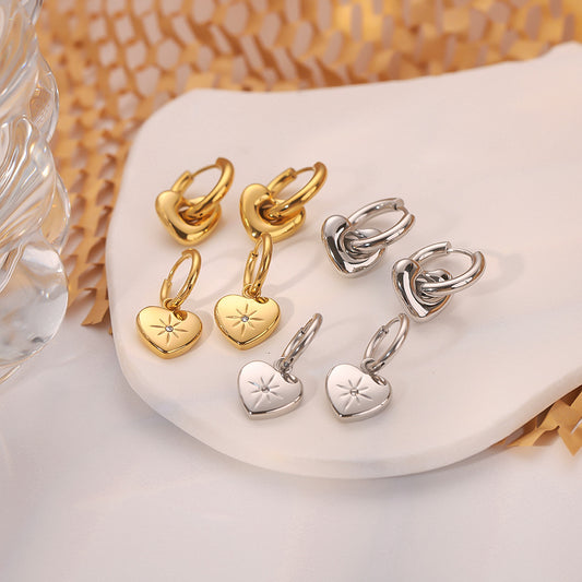 Stainless Steel Heart-shaped Gold Rhinestone Zircon Earrings