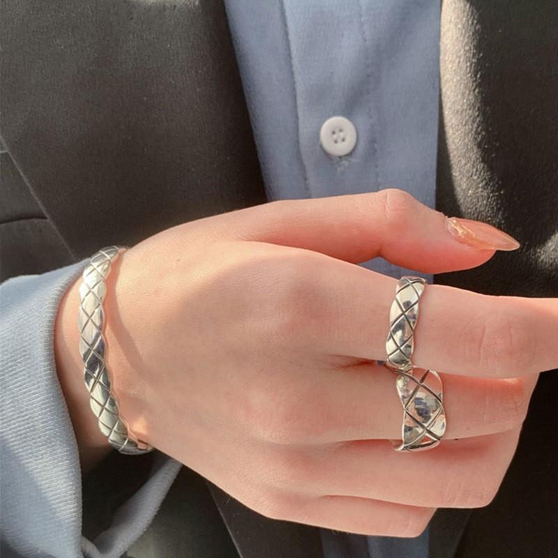 Sier Thick Thin Diamond Plaid Open Female Light Luxury Minority Ring