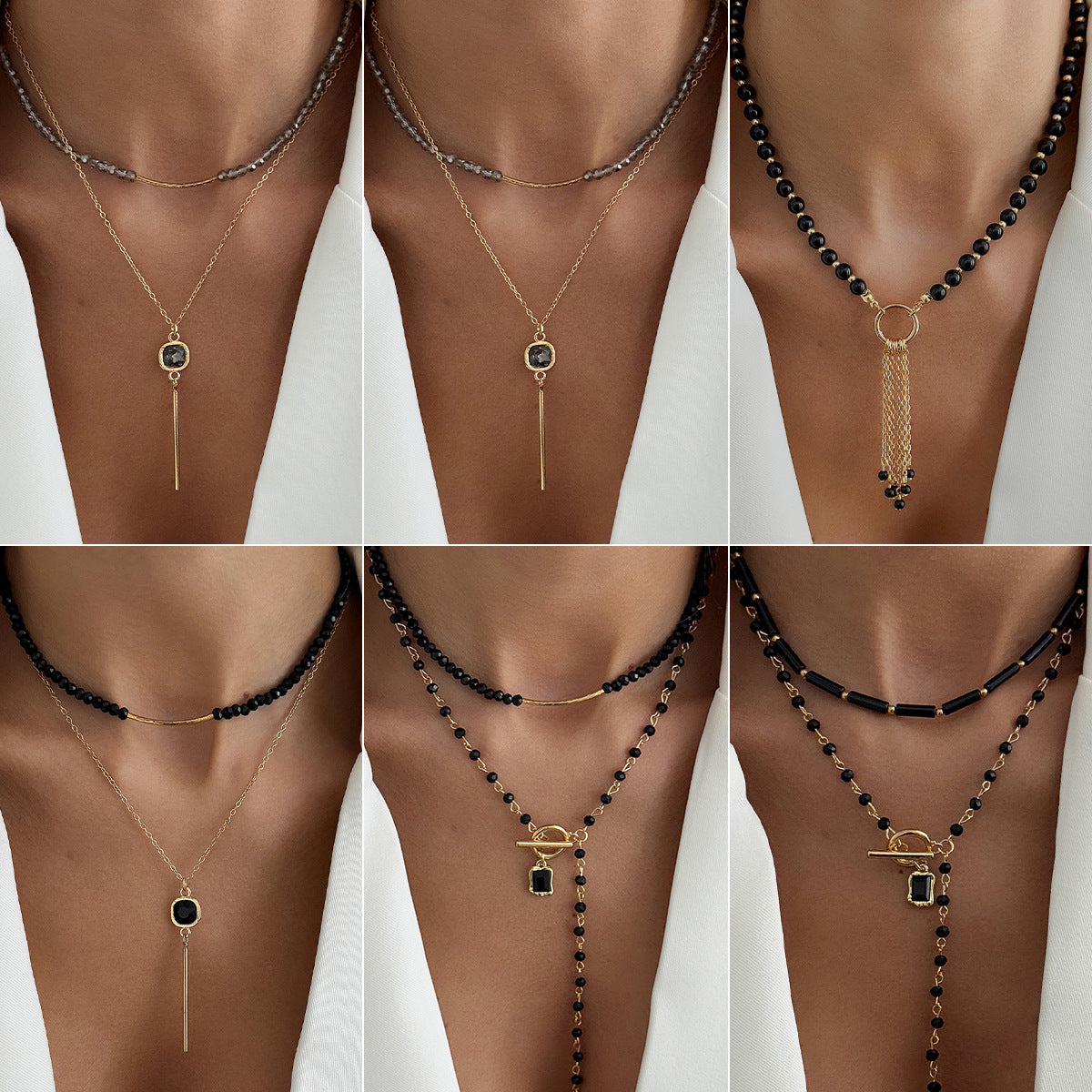 Niche Black Crystal Beaded Clavicle Square Diamond Necklace