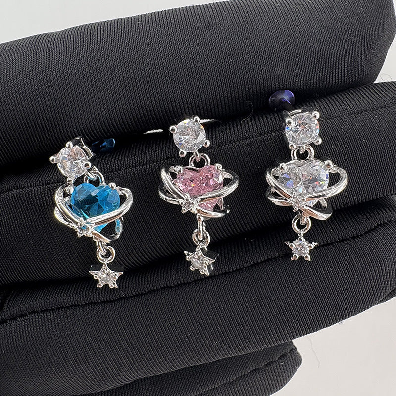 Titanium Alloy Planet Loving Heart Zircon Eardrops Ear Bone Earrings