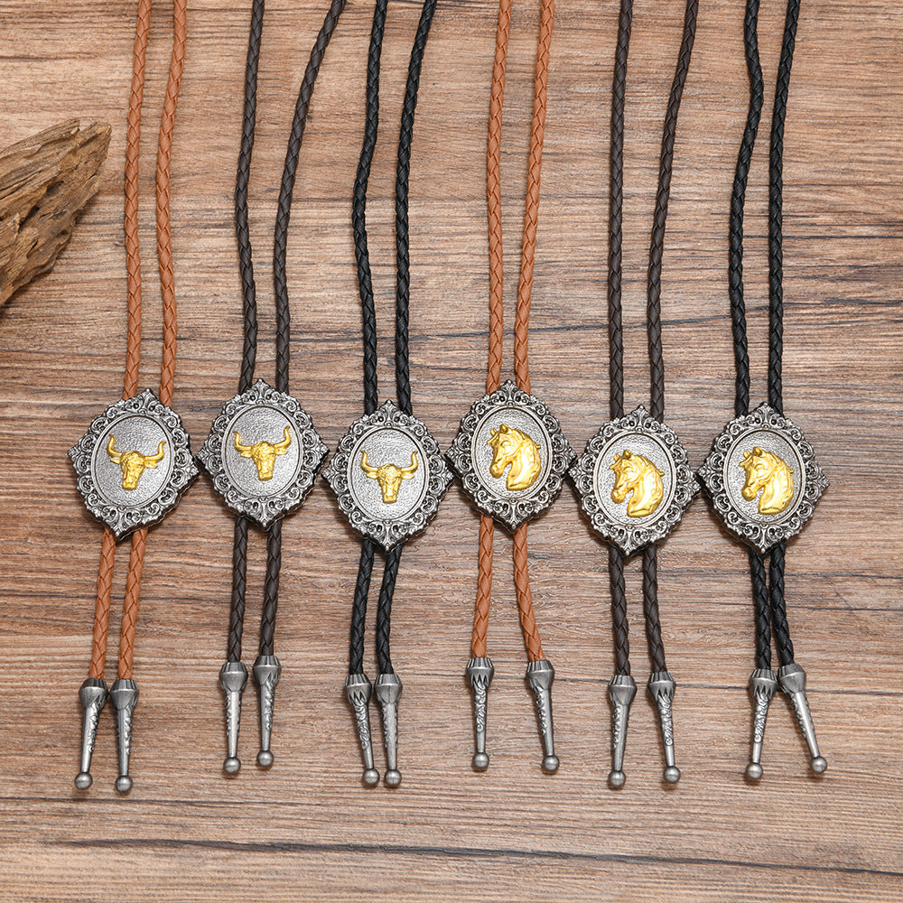 Men's Tie Leather String Horse Head Cow Alloy Long Sweater Chain Pendants