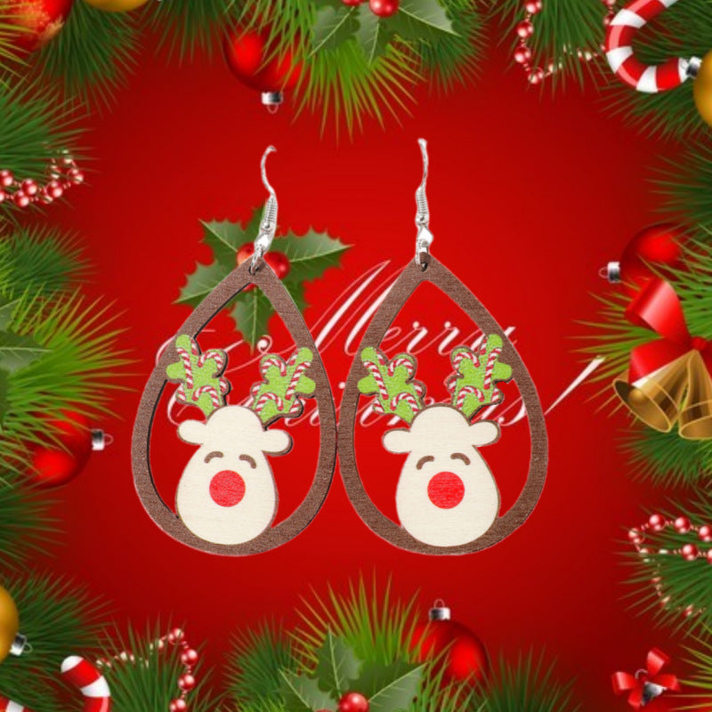 Creative Cartoon Cute Hollow Santa Claus Elk Wooden Earrings