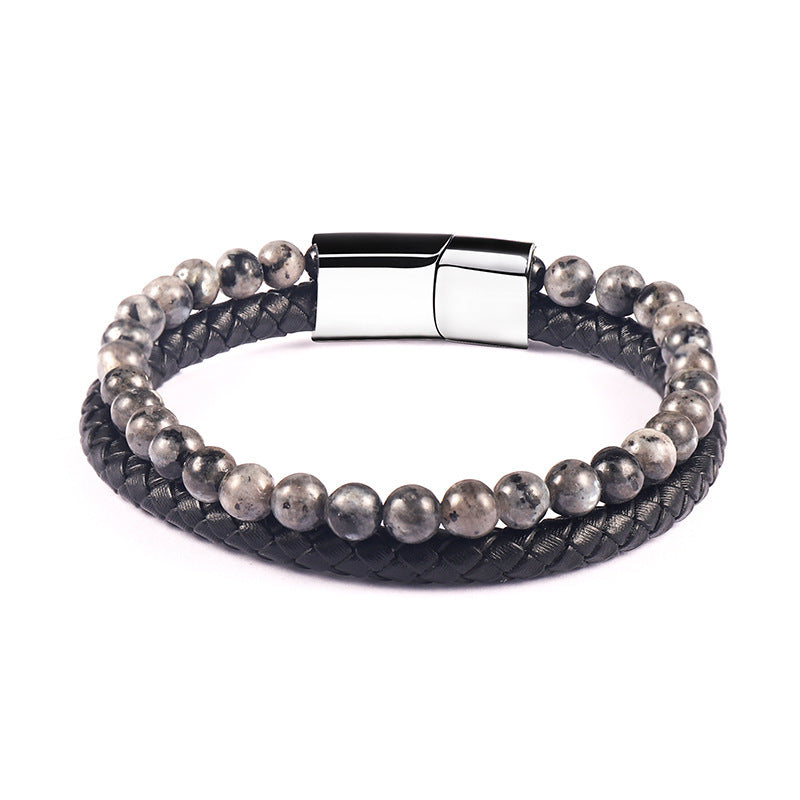 Men's Tiger Eye Beaded Genuine Leather Alloy Cowhide Bracelet