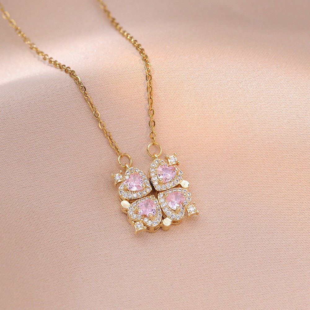 Women's Steel Cross Chain Open Close Four-leaf Flower Necklace