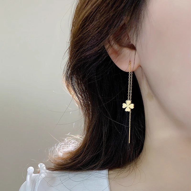 Women's Glossy Clover Lines Tassel Titanium Steel Rings