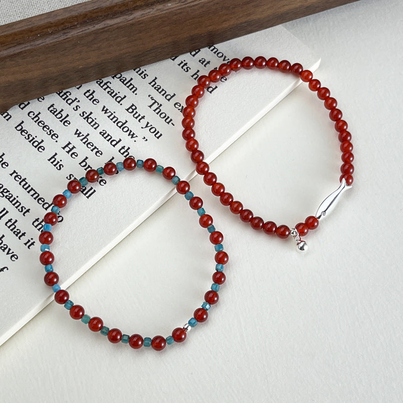 Sier Red Agate Small Fish Round Bracelets