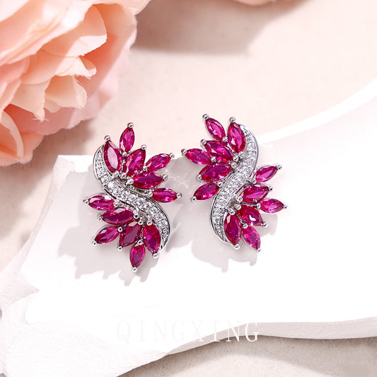 Women's Light Luxury Ice Flowers High-grade Red Corundum Fashion Elegant Wedding Stud Earrings